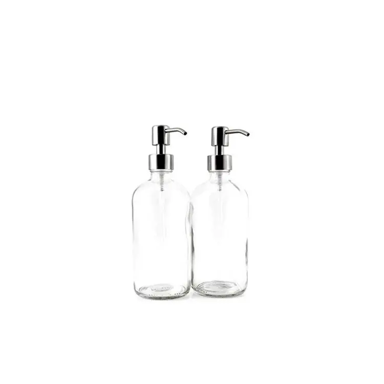16oz Clear Glass Boston Round Bottles Soap Dispenser With Stainless Steel Pumps For Essential Oils Lotions Liquid Soap
