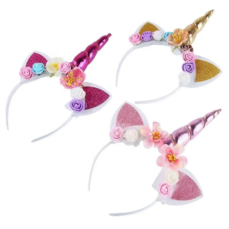 Fabrika toptan yeni tasarım moda saç aksesuarları bebek çocuk çiçek taç kafa bandı için parti Unicorn kafa bandı
