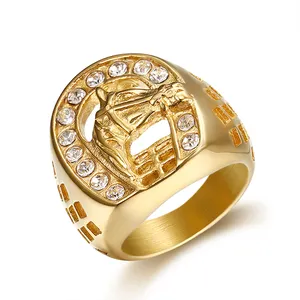 316L Stainless Steel Gold Color Horse Head Pave Setting Small Zircon Hollow Punk Rock Ring for Male Fashion Jewelry