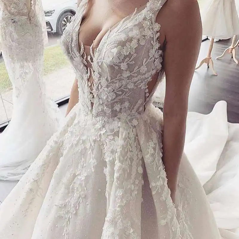 7280# V-Neck Elegant Vestido De Renda Lace Applique Pleating Sleeveless Backless Wedding Dress Open Back A Line Bridal Gowns