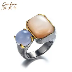 Wholesale Stylish Fashion Jewelry Blue Chalcedony And Pink mop Men Ring 925 Sterling Ring