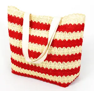 New fashion designer Women's Striped Custom Cheap Crochet Hook zipper handbag shopping promotional Beach tote Bag