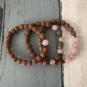 Sn0851 3 Stks/set Rozenkwarts Mala Vrouwen Meditatie Boeddhistische Sieraden Rudraksha Mala Armband Cadeau