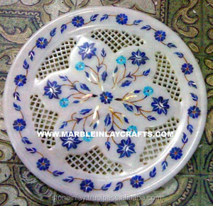 Marbre blanc unique et attrayant avec plaque de sculpture en incrustation de conception de fleurs en forme ronde pour la décoration de la maison et le but de cadeaux - Product Image 1