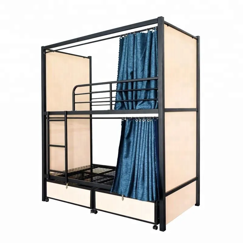 Новейший дизайн, металлическая двухъярусная кровать для гостиницы и школы, с шкафом для хранения, железная кровать с занавесками, двухъярусные кровати с металлической рамой