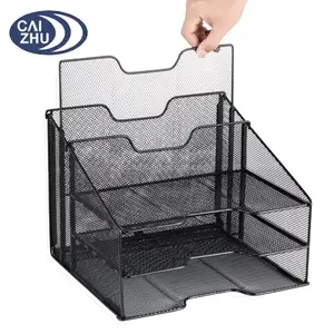 Mesh Desk File Organizer Letter Tray Holder, Desktop File Organizer with 3 Paper Trays and 2 Vertical Upright Section, Black