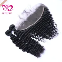 Cabelo peruano liso reine, 3 pacotes de cabelo com renda frontal, onda profunda 9a, indiano, cambodian, remy
