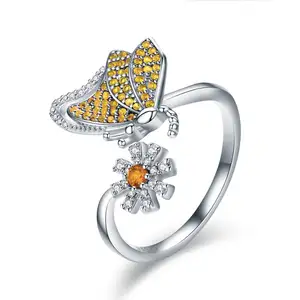 BAGREER SCR354 new silver ring jewelry yellow cz stone custom crystal butterfly design with sunflower ring Charm women