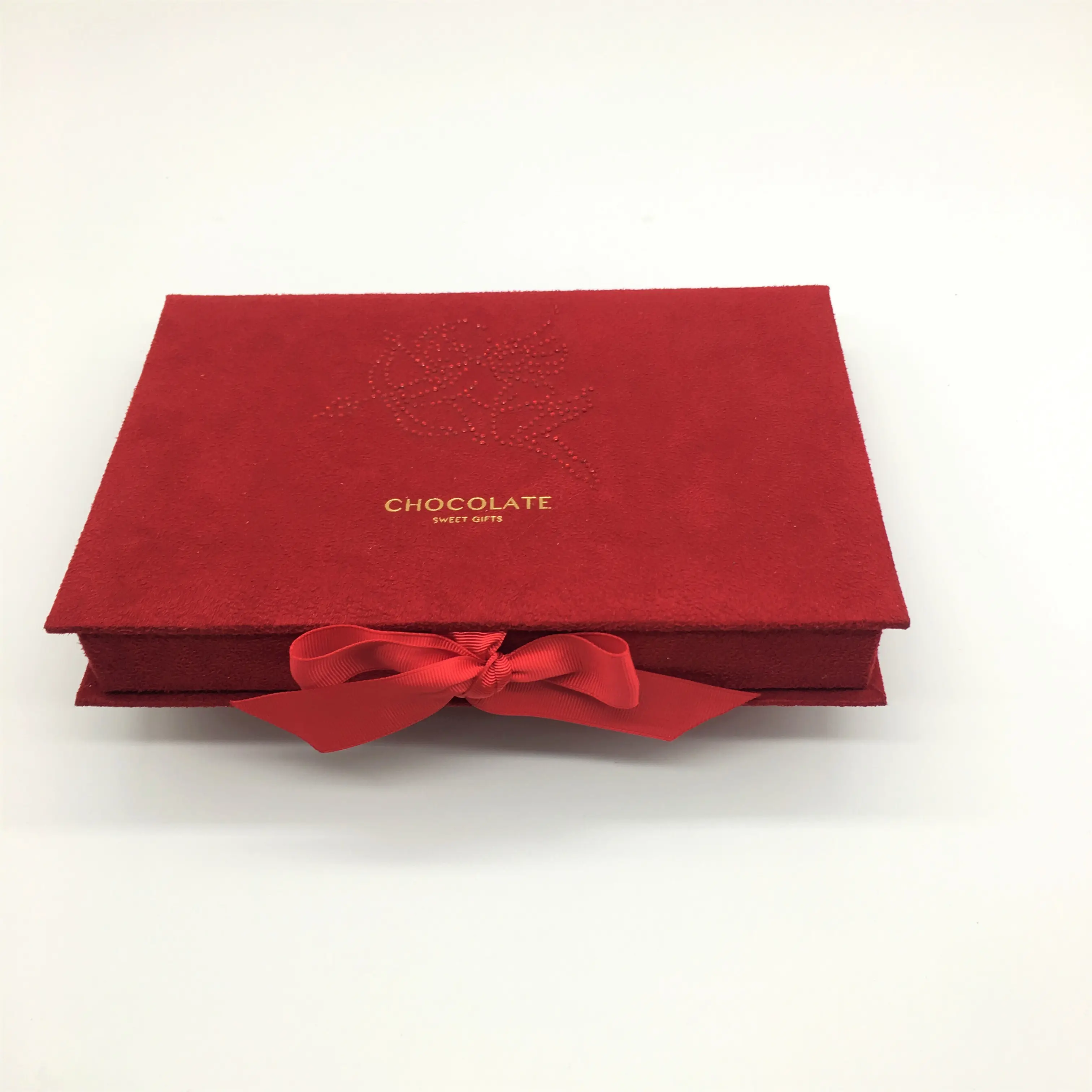 빨간 리본을 가진 호화스러운 스웨드 직물 초콜렛 포장 선물 상자