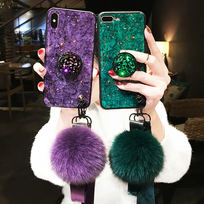 S8Plus S9Plus Cases Luxury DIY crystal Holder+Fur Ball+Strap Phone case For Samsung Galaxy S8 S9 note 8 9 TPU Bling Funds Coque