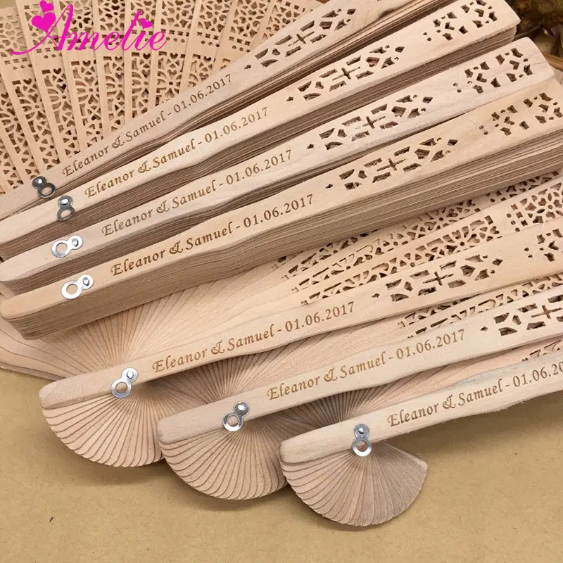 Đám Cưới Khách Lưu Niệm Cá Nhân Tùy Chỉnh Gỗ Hand Fan Với Organza Túi Đám Cưới Folding Fan Baby Shower Party Quà Tặng Hand Fan