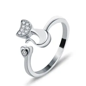 925 sterling silver micro pave cubic zircon open adjustable size cat ring for couple