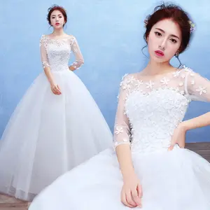 Princess White flower decorate Ball Gown Wedding Dresses Half Long Sleeves Bridal Gown