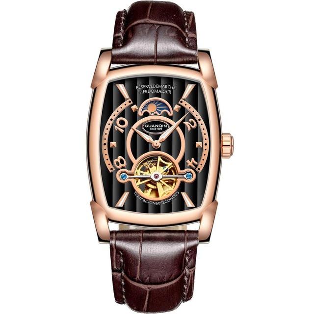1 black dial rose gold case brown strap