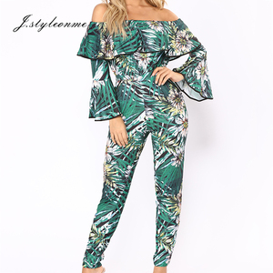 Nuevo diseño las señoras impresión floral Strapless Flare manga Backless mujeres <span class=keywords><strong>mono</strong></span> <span class=keywords><strong>verde</strong></span> - Product Image 1