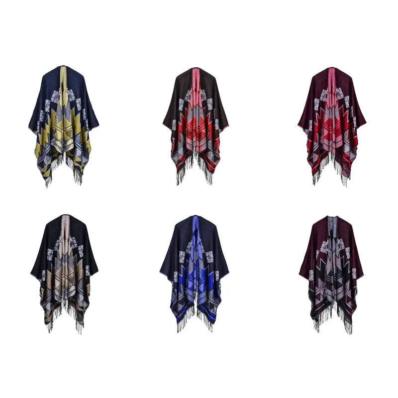 Bohemian Vrouwen Herfst Winter Poncho Etnische Sjaal Mode Print Deken Kerft Lady Knit Sjaal Kwastje Cape Dikker Pashmina