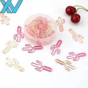 Promotional gifts pink rose gold metal color Cactus shaped paper clip with plastic container