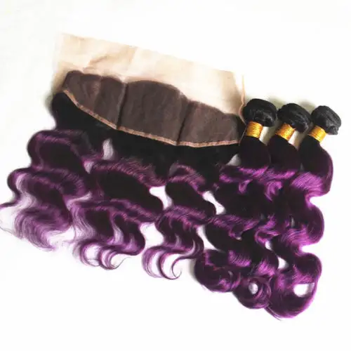 卸売9Aグレード1B紫オンブル実体波ストレートバージンブラジルヘアーキューティクルアライン人間の髪バンドルとレースfrontals