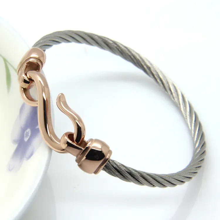 Chengfen stainless steel dubai kada bracelet bangles silver rose gold wire bangle hook clasp bangle bracelet