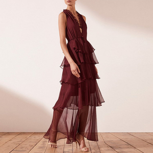 <span class=keywords><strong>Abito</strong></span> da sera <span class=keywords><strong>lungo</strong></span> Maxi con scollo a v senza maniche in Chiffon increspato <span class=keywords><strong>bordeaux</strong></span> elegante da <span class=keywords><strong>donna</strong></span> - Product Image 3