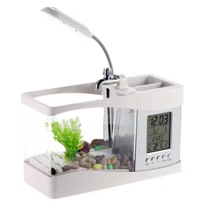 Zwart/Wit Usb Desktop Mini Aquarium Aquarium Met Led Lamp Licht Lcd-scherm En Klok Kalender