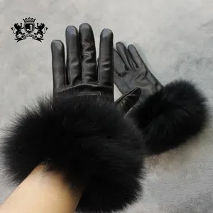 Manoplas suaves de cuero de oveja de estilo Punk con puño de piel de zorro negro, bucle de piel de Animal, guantes de cuero para conducción de motocicleta