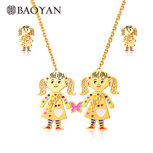 juego joyas grande dos ninas linda moda collar y aretes en acero dorado quirugico - Product Image 1