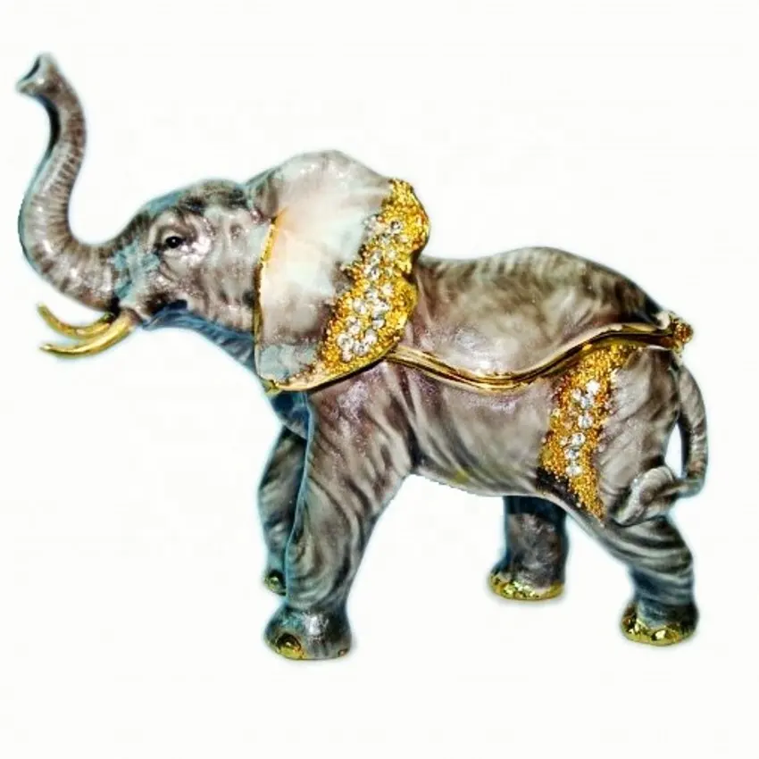 Golden plated Pewter Alloy Crystal Hand painted Grey color Elephant Metal jewelry box for new year gifts