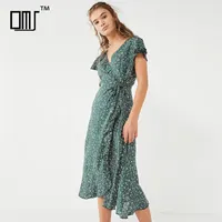 Çiçek fırfır kısa kollu olgun kadınsı uzun wrap elbise yeşil