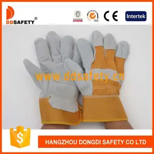 Rindspaltleder sicherheit handschuh mit patch palme, gelb baumwolle drill back, gummierte stulpe.( DLC104)
