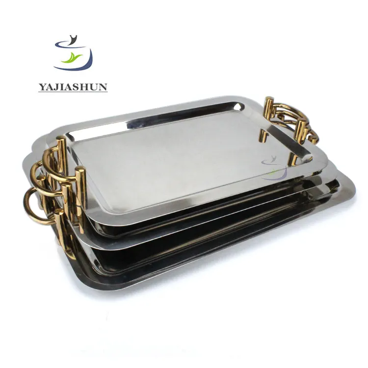 Luxury Rectangle Stainless Steel Food Tray Service Tray Set Custom Rolling Tray With Handles Dishes & Plates
