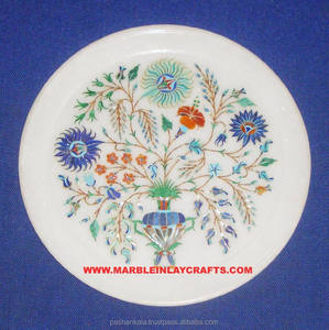 Assiette en marbre de haute qualité, incrustée à la main, de forme ronde, avec un motif floral fin, surface brillante, pour les mariages et les événements professionnels - Product Image 1