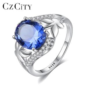 Czcity joias da moda grande azul safira borboleta, dia das mães, anel de prata esterlina s925