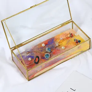 Kotak Organizer Kaca Kosmetik Emas Mewah, Kotak Perhiasan Persegi Panjang Retro Kualitas Tinggi
