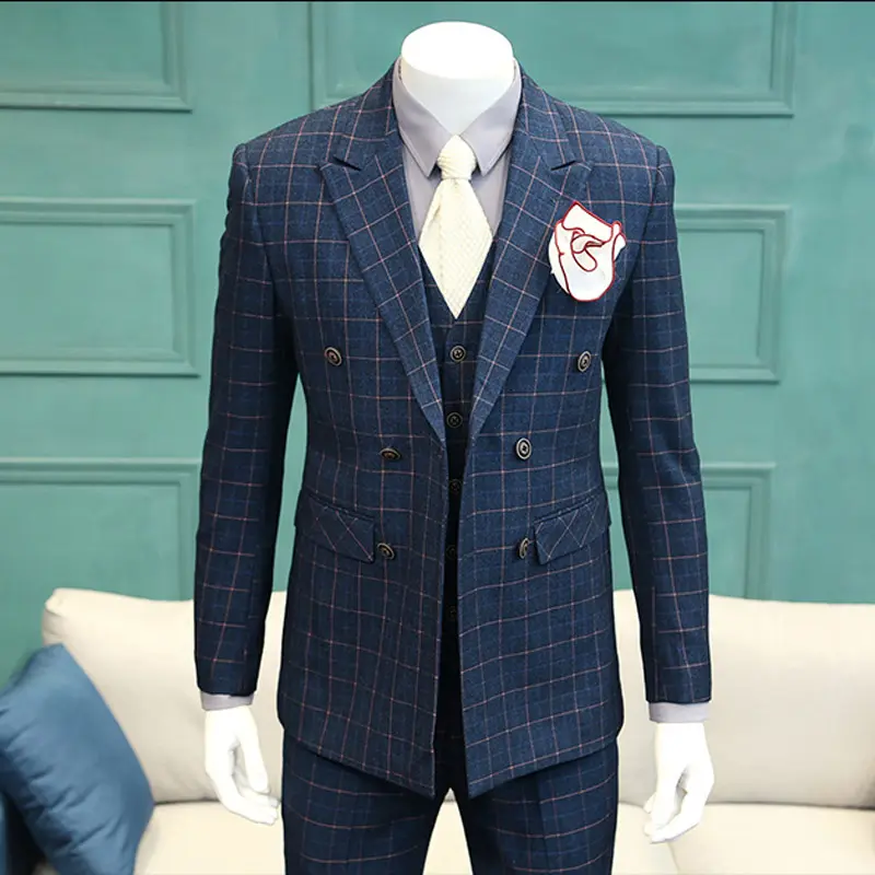 Men suit manufacturer two or three piece set blue check fabric men's suits