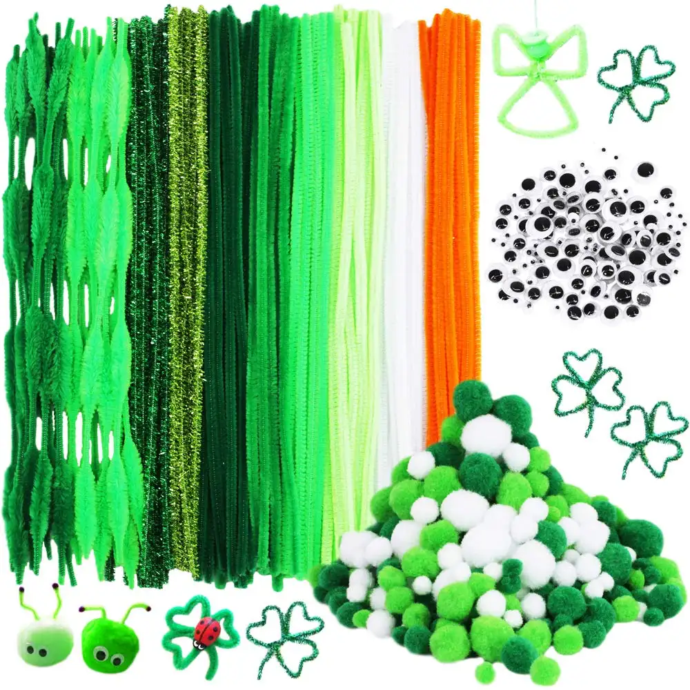 500 Pieces St. PatrickのDay Chenille Stem Pipe Cleaners SetためCraft Party Supplies 4 Size Pom Poms 4 Size Wiggle Googly Eyes