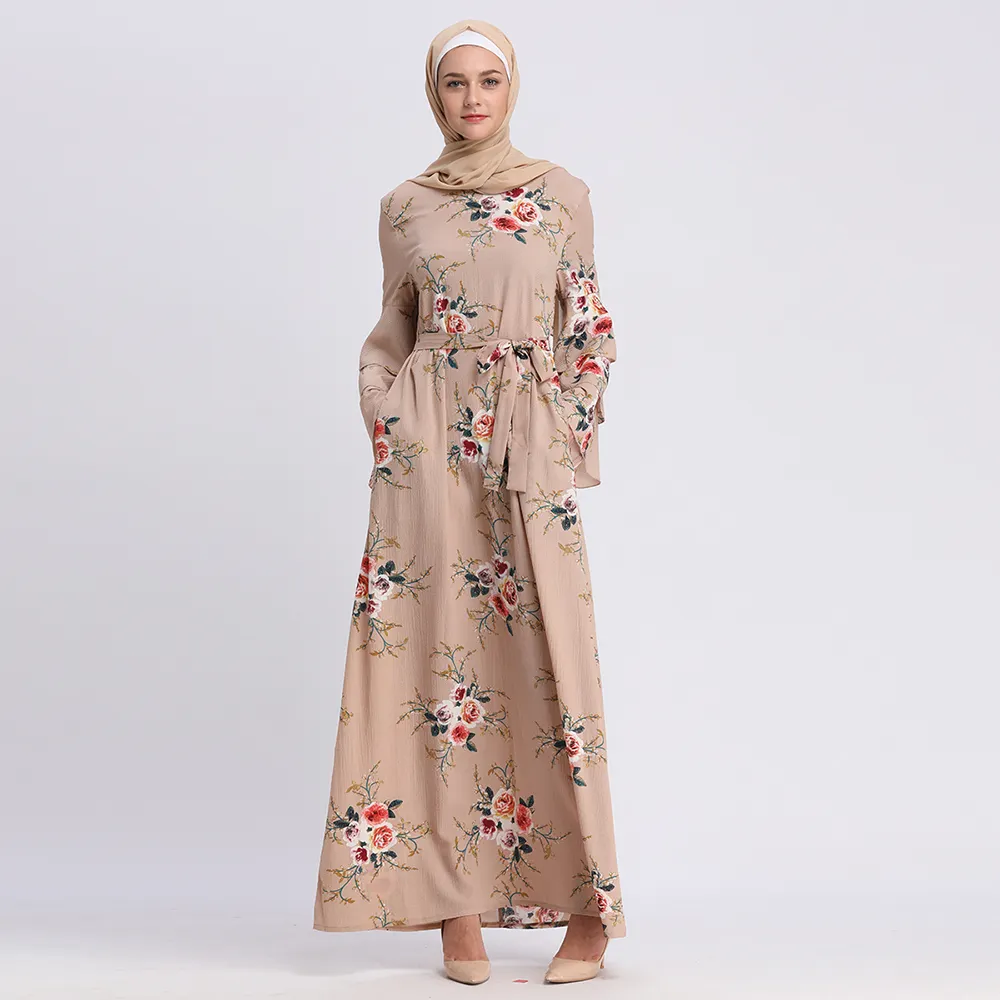 Yeni Trendy Mütevazı İslami Giyim Moda Çiçek Baskılı Polyester Pakistani Elbise Kadın Dubai Kaftan Hindistan