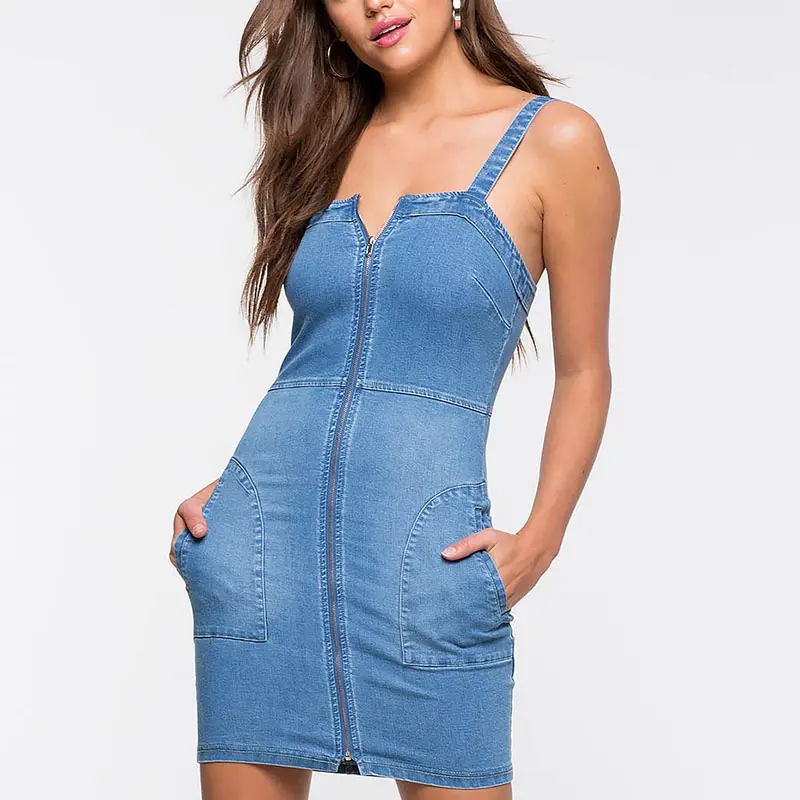 Newest cheap front zipper closure fashion women bodycon jean dress