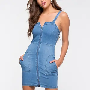 Nieuwste goedkope rits sluiting mode vrouwen bodycon jean jurk