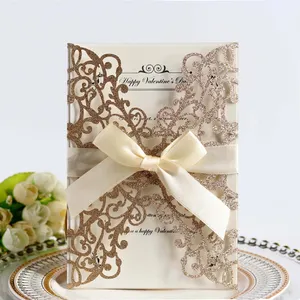 Cartão de convite de casamento, cartão de papel do convite do casamento do corte laser do azul dourado e prata com fita personalizada da decoração do casamento suprimentos para festa