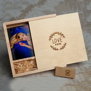 2018カスタマイズ木製ウェディングフォトアルバムギフトボックス写真とUSBフラッシュドライブ包装ボックス