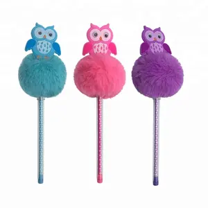 Korea Stationery Owl Design Pom Pom Fluffy Ball Pen For Girl