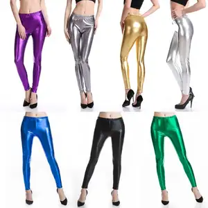 Legging Kulit Imitasi Wanita, Celana Legging Pinggang Metalik Tampilan Basah Bawahan Berkilau untuk Menari, Rave, Festival, Kostum