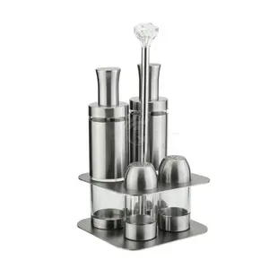 Metal Holder Stand Stainless Steel Salt Shaker Oil Bottle Dispenser & Salt Pepper Shaker 4pcs Seasoning Set