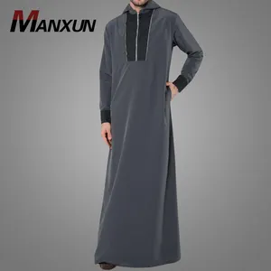 Terbaru Ritsleting Depan Pria Thobe 100% Kain Katun Baju Kaftan Lengan Panjang Burqa Islam Pakaian Dubai Arab Jubah