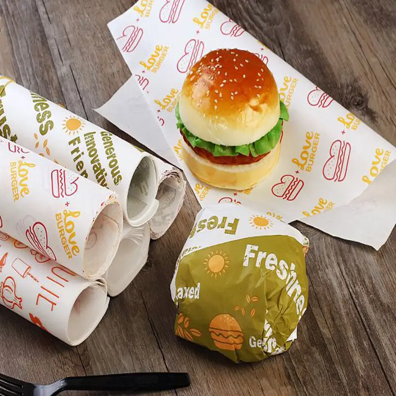 Venta al por mayor resable sándwich hamburguesa cera papel de envoltura de logotipo personalizado grasa Hamburguesa de grado de alimentos de papel de embalaje