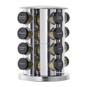 Rotating Revolving Stainless Steel 16 Jar Spice Rack Storage Glass Jars