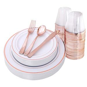 Platos y tazas de plástico dorado, 25 platos de ensalada, 25 tenedores, 25 cuchillos, 25 cucharas, 25 y 9Oz de taza, 150 piezas