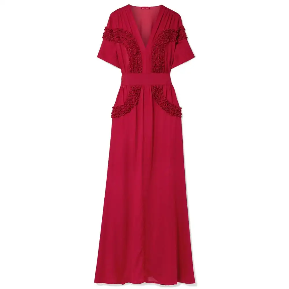 ruffled red chiffon dress short famcy sleeve maxi dress women formal evening dress