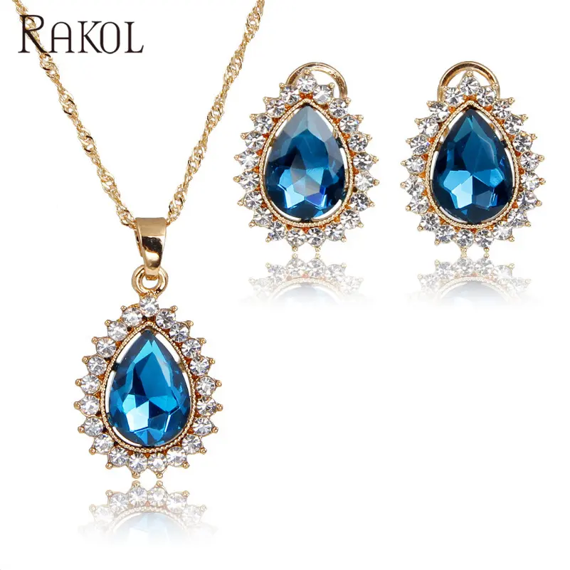 RAKOL AS045 Thiết Kế Tùy Chỉnh Pha Lê Hoa Vòng Cổ Bông Tai Vàng Cưới Ấn Độ Bridal Jewelry Set